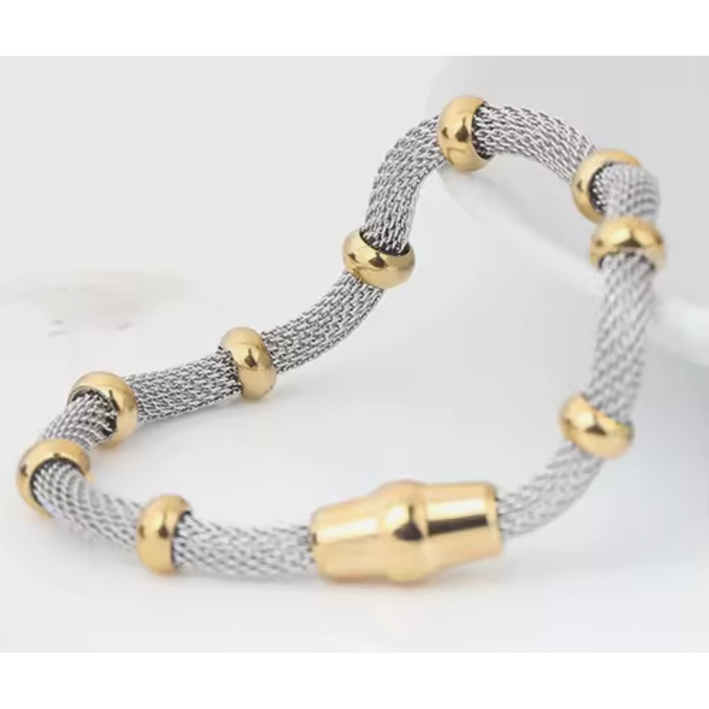 Womens Two Tone Silver Mesh Gold Bead Magnetic Clasp Bracelet Stainless Steel